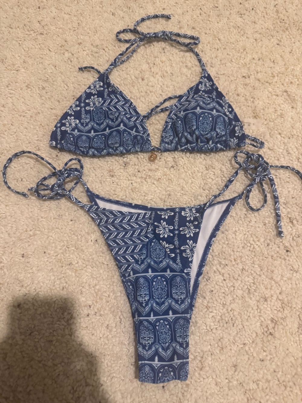 SHEIN Blue Printed Triangle Tie-Side Bikini